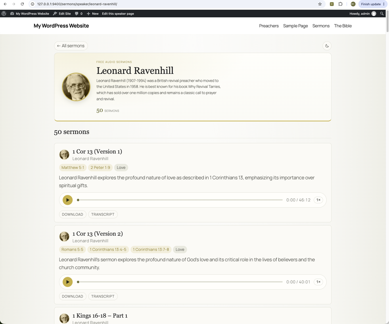 A preacher page with a player